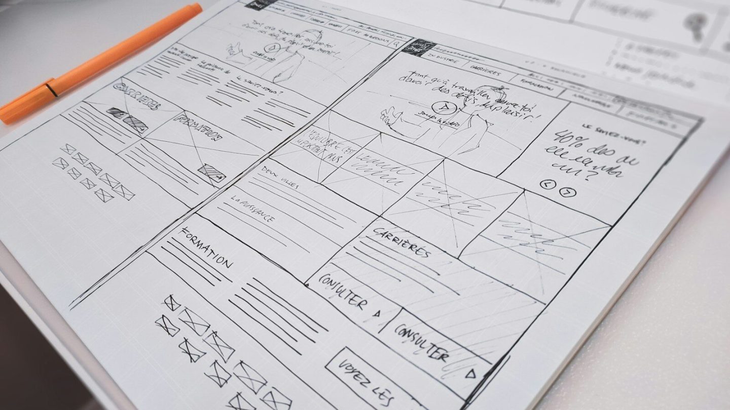 Website wireframe sketch on paper, representing a WordPress rebuild