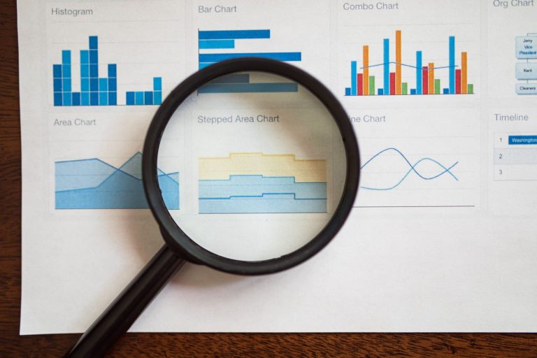 Magnifying glass resting on a printed page of bar, area and line charts
